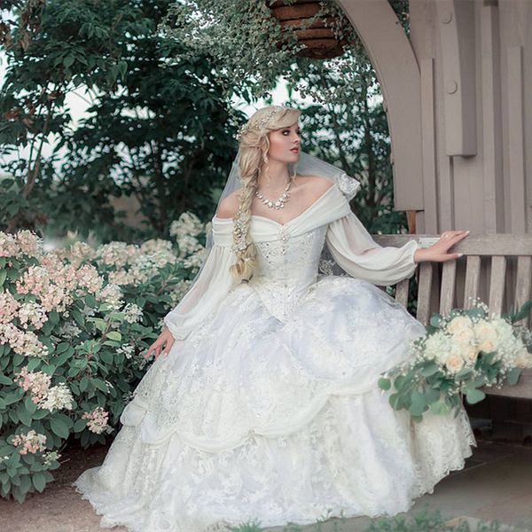 vintage medieval wedding dress long sleeves lace appliques off the shoulder gothic bridal gowns tiered princess garden vestido de novia, White
vintage medieval wedding dress long sleeves lace appliques off the shoulder gothic bridal gowns tiered princess garden vestido de novia, White