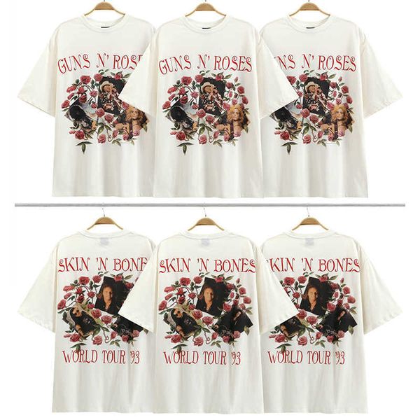 

Fashion ESS Designer short pants GunsN rose band sleeve wash make old print VTG high street loose casual T-shirt, White