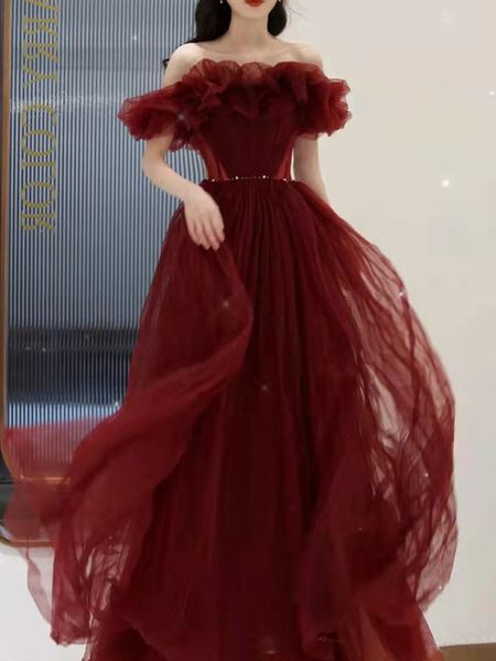 

burgundy prom dress strapless lace-up back long evening dresses soft tulle with sash pleats floor length, Black
