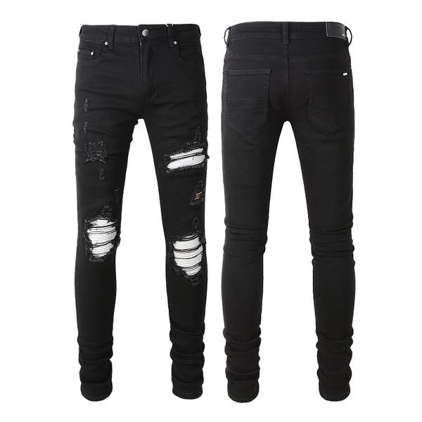 

Fashion amiryes casual men straight zipper fly washed black hole patch elastic slimming jean