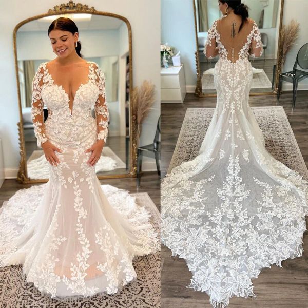 2023 long sleeves wedding dresses bridal gown lace applique mermaid scoop neck scalloped sweep train custom made country plus size vestido d, White
2023 long sleeves wedding dresses bridal gown lace applique mermaid scoop neck scalloped sweep train custom made country plus size vestido d, White