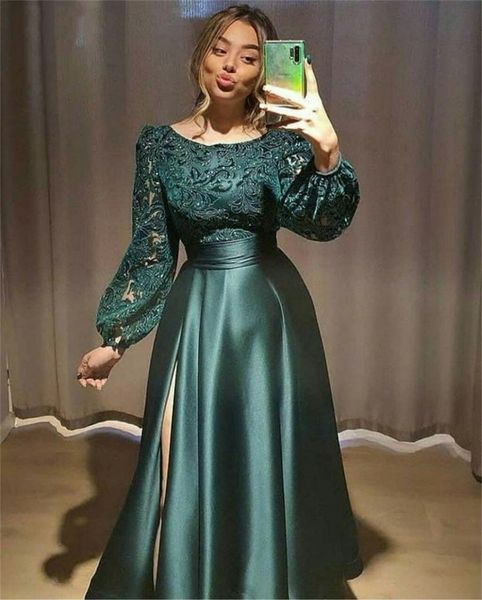 long sleeves lace satin prom dresses floor length a-line elegant high split hunter green special occasion dress women ruched evening party g, Black
long sleeves lace satin prom dresses floor length a-line elegant high split hunter green special occasion dress women ruched evening party g, Black