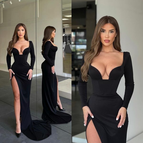 elegant black prom dresses long sleeves party evening dress thigh slit sheath red carpet guest bridesmaid dress
elegant black prom dresses long sleeves party evening dress thigh slit sheath red carpet guest bridesmaid dress