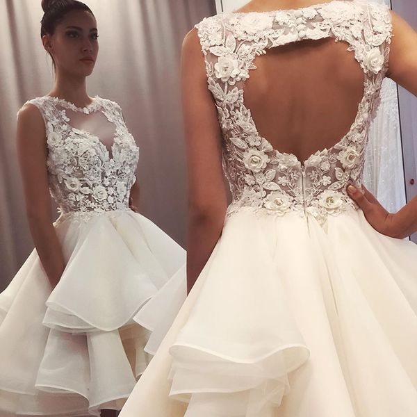 lovely lace short wedding dress 3d floral appliques knee length a-line bridal gowns sleeveless beach cut out back tiered skirt vestido de no, White
lovely lace short wedding dress 3d floral appliques knee length a-line bridal gowns sleeveless beach cut out back tiered skirt vestido de no, White