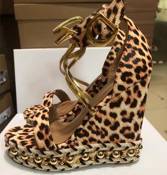 slope heel sandal red bottom wedges shoes open toe leopard print high heels dermal horse hair women's cross strap metal rivets 13cm sup, Black
slope heel sandal red bottom wedges shoes open toe leopard print high heels dermal horse hair women's cross strap metal rivets 13cm sup, Black
