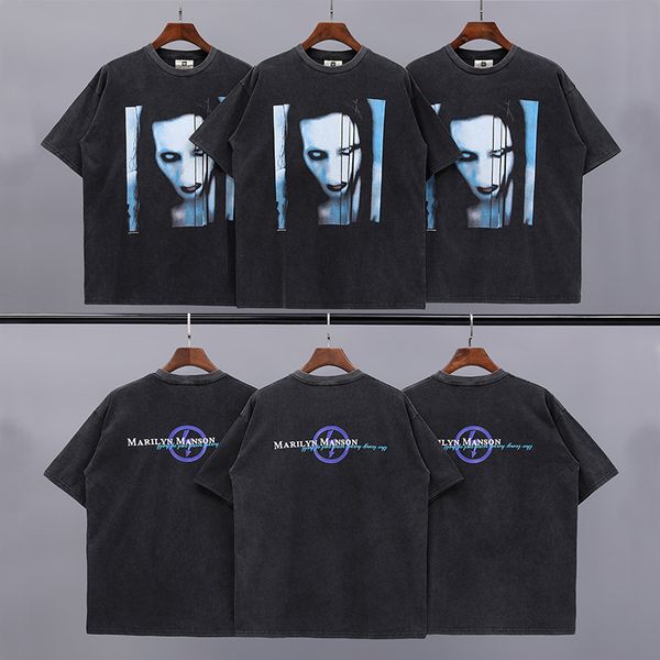 

summer high street Manson washed worn Figure pattern printing fog cotton black t Shirt for men