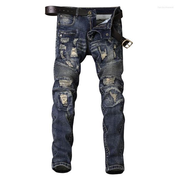 men ripped jean slim straight denim trousers washed frayed stretch biker jeans men's trousers fashion, Blue
men ripped jean slim straight denim trousers washed frayed stretch biker jeans men's trousers fashion, Blue