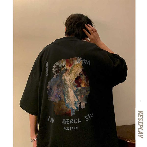 men's t-shirt oil oversize american painting short sleeved for summer loose fitting clothes hip-hop high street 2023 new trend, White;black
men's t-shirt oil oversize american painting short sleeved for summer loose fitting clothes hip-hop high street 2023 new trend, White;black