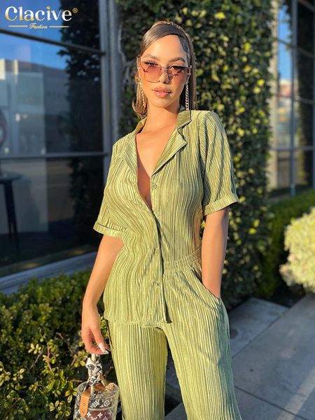 women's two piece pants clacive summer short sleeve shirts set woman 2 pieces green pleated trouser suits female casual high waist wide, White
women's two piece pants clacive summer short sleeve shirts set woman 2 pieces green pleated trouser suits female casual high waist wide, White