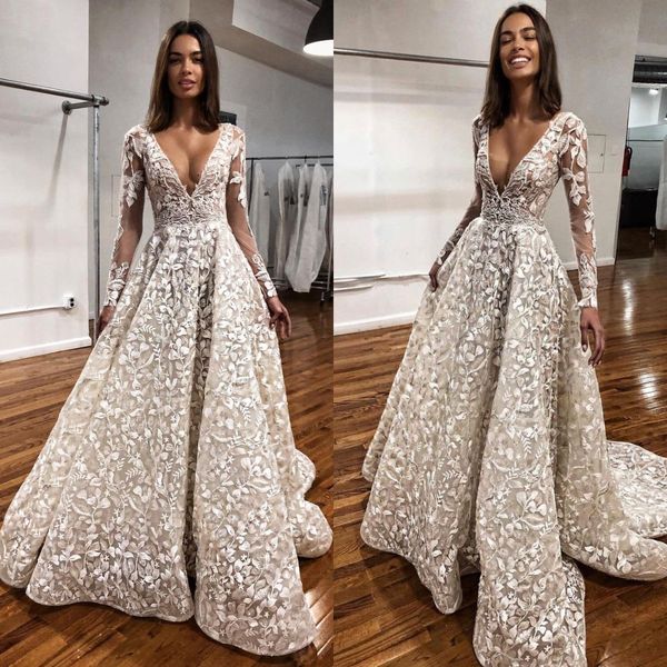 berta a line wedding dress appliques plunging v neck vintage wedding dresses vestidos de novia illusion long sleeves designer bridal gowns, White
berta a line wedding dress appliques plunging v neck vintage wedding dresses vestidos de novia illusion long sleeves designer bridal gowns, White