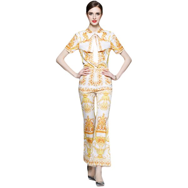 baroque floral summer pants outfit women short sleeve two piece sets 2023 graceful print bow blouse and wide leg trousers woman designer vac, White
baroque floral summer pants outfit women short sleeve two piece sets 2023 graceful print bow blouse and wide leg trousers woman designer vac, White