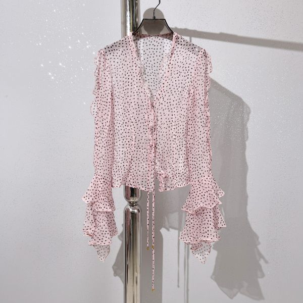 european station new style shirt fashion niche light and thin perspective ruffle lace up flare sleeve wave dot print shirt, White
european station new style shirt fashion niche light and thin perspective ruffle lace up flare sleeve wave dot print shirt, White