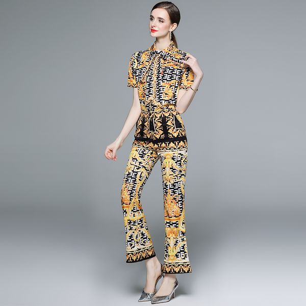 2023 baroque floral summer pants outfit women short sleeve two piece sets graceful print bow blouse and wide leg trousers woman designer vac, White
2023 baroque floral summer pants outfit women short sleeve two piece sets graceful print bow blouse and wide leg trousers woman designer vac, White