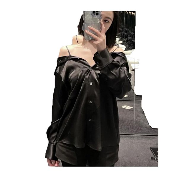 designer womens blouse lined t-shirt silk satin silk smooth fabric clothes women's real long sleeve shirt black one line neck luxury qu, White
designer womens blouse lined t-shirt silk satin silk smooth fabric clothes women's real long sleeve shirt black one line neck luxury qu, White