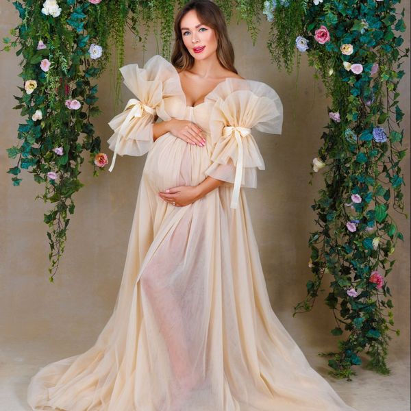 ruffle puff sleeve maternity dresses boho floor length prom gown sweetheart tulle pshoot boudoir lingerie, Black
ruffle puff sleeve maternity dresses boho floor length prom gown sweetheart tulle pshoot boudoir lingerie, Black