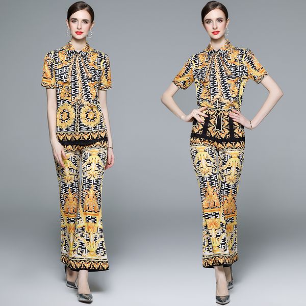 baroque floral pants outfit short sleeve summer two piece sets 2023 women print bow blouse and wide leg trousers woman designer vacation out, White
baroque floral pants outfit short sleeve summer two piece sets 2023 women print bow blouse and wide leg trousers woman designer vacation out, White