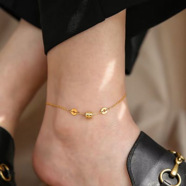 

Designer Anklets Stainless geometry anklet vintage jewelry 18k gold plated Transport bead metal Foot ring for Mothers Day Chrismas Holiday gift