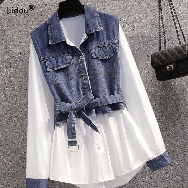 women's blouses shirts korean denim spliced cotton linen single breasted women shirt midlength turndown collar laceup bow autumn winter, White
women's blouses shirts korean denim spliced cotton linen single breasted women shirt midlength turndown collar laceup bow autumn winter, White
