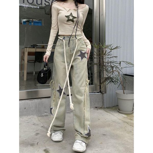 women's jeans american high street fivepointed star embroidery raw edge jean's spring retro waist wide leg loose straight pants 23, Blue
women's jeans american high street fivepointed star embroidery raw edge jean's spring retro waist wide leg loose straight pants 23, Blue