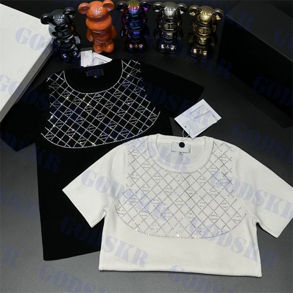designer t shirt womens rhinestone logo knitted tees plaid pattern sweater two colors, White
designer t shirt womens rhinestone logo knitted tees plaid pattern sweater two colors, White