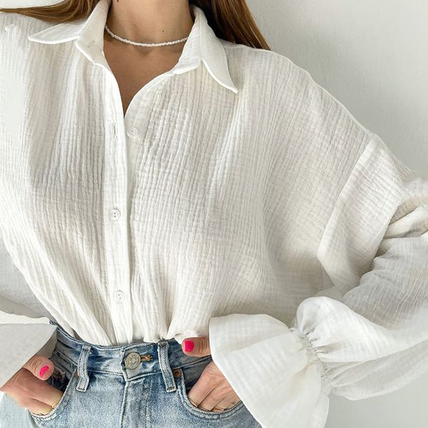 women's blouses shirts chic elegant 100 cotton gauze women's casual long flare sleeve button up sweet female blouse camisas de muj, White
women's blouses shirts chic elegant 100 cotton gauze women's casual long flare sleeve button up sweet female blouse camisas de muj, White