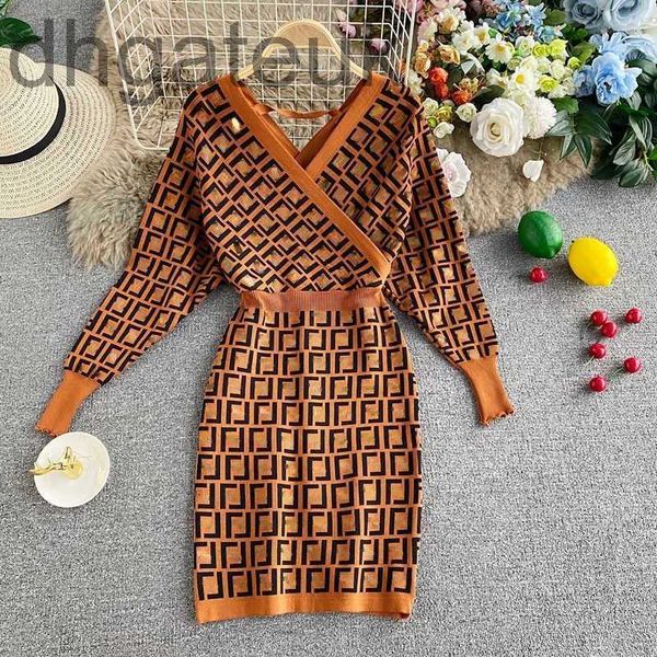 casual dresses designerluxury women dress designer dress double f jacquard embroidery knitted elastic sweater v-neck suit 7bgf, Black;gray