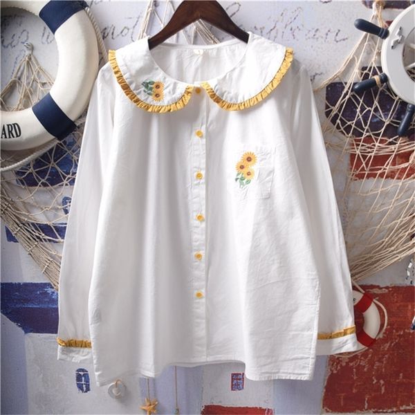women's blouses shirts mori girl autumn women's shirt vintage sunflower embroidered ruffle peter pan collar cotton long sleeve whi, White
women's blouses shirts mori girl autumn women's shirt vintage sunflower embroidered ruffle peter pan collar cotton long sleeve whi, White