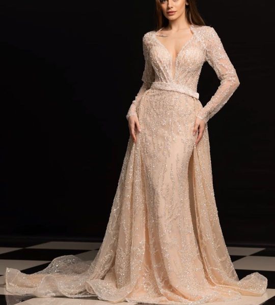 champagne mermaid prom dresses long sleeves v neck appliques sequins beaded floor length detachable train 3d lace evening dress bridal gowns, Black
champagne mermaid prom dresses long sleeves v neck appliques sequins beaded floor length detachable train 3d lace evening dress bridal gowns, Black