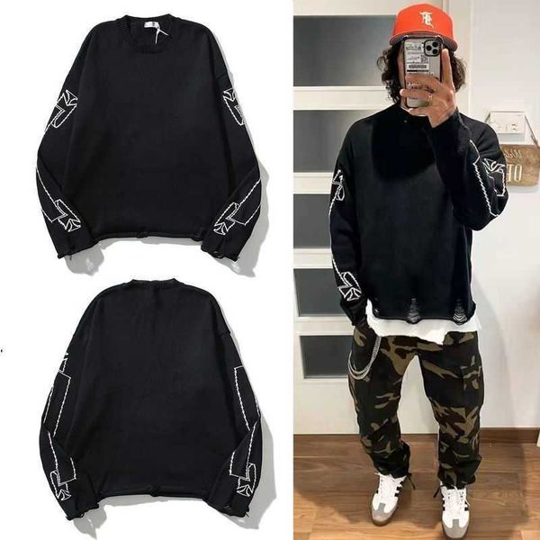 askyourself nostalgia dark damaged scroll american high street round neck vintage knit sweater, White;black
askyourself nostalgia dark damaged scroll american high street round neck vintage knit sweater, White;black