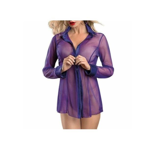women sheer lingerie blouse see through long sleeve sleepwear nightwear, White