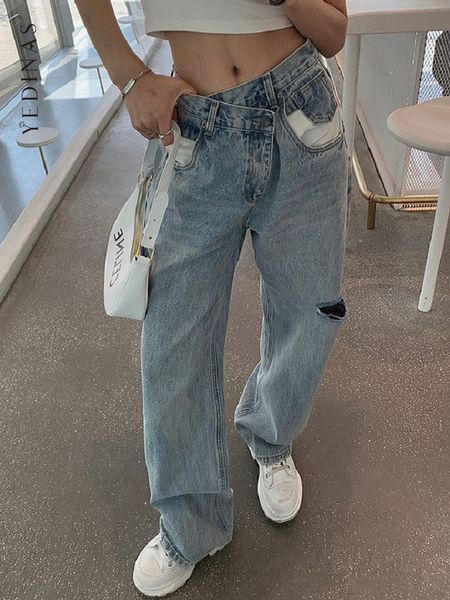 women's jeans yedinas vintage asymmetrical waist hole straight jeans women's loose denim pants casual wide leg pants street clothe, Blue
women's jeans yedinas vintage asymmetrical waist hole straight jeans women's loose denim pants casual wide leg pants street clothe, Blue