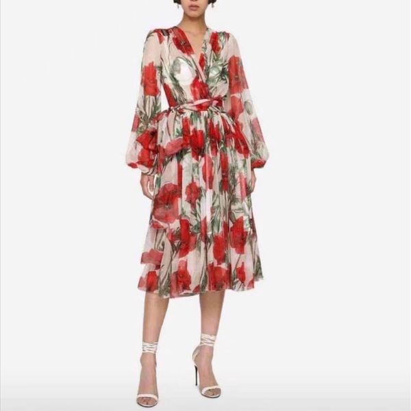 womens fanncy dress long sleeve poppy print silk midi dress, White;black