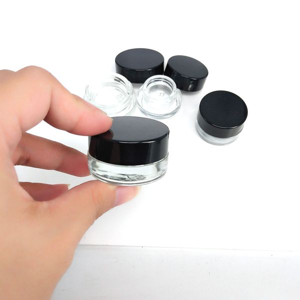 Image of 3ml 5ml Glass Tank Jar Black Lid Glass Box Container Case Clear Dab Tool for Wax Cream Oil Cosmetic Jar Packaging Bottle
