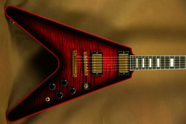 

custom aircraft v electric guitar oem 24frets abr-1 bridge peach heart wood body flame maple ebony fingerboard abalone inlay red binding