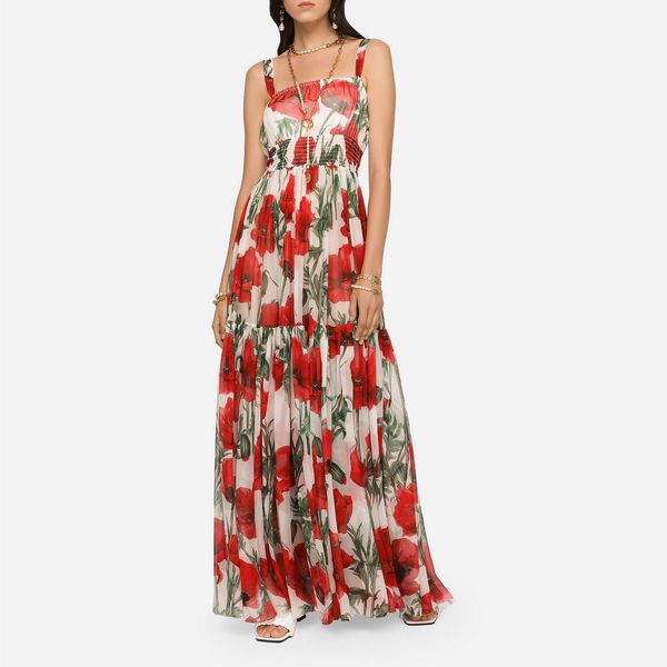 womens dress sleeveless poppy print silk long dress, White;black