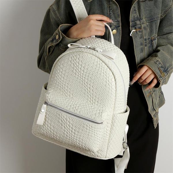 Fashion shoulder bag 3 colors college style solid color Joker student backpacks street fashion leather leisure travel backpack simple woven fashion handbag, White
Fashion shoulder bag 3 colors college style solid color Joker student backpacks street fashion leather leisure travel backpack simple woven fashion handbag, White