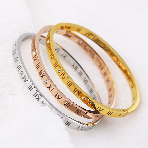 fashion designer bangles titanium steel roman digital zircon women's bracelet hollowed out rose gold couple opening bracelet, Black
fashion designer bangles titanium steel roman digital zircon women's bracelet hollowed out rose gold couple opening bracelet, Black