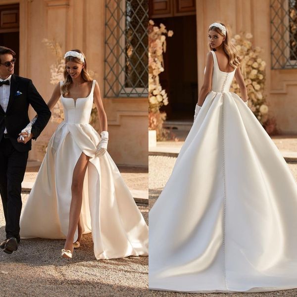 a line wedding dress square neck thigh slit wedding dresses vestidos de novia button back designer bridal gowns, White
a line wedding dress square neck thigh slit wedding dresses vestidos de novia button back designer bridal gowns, White