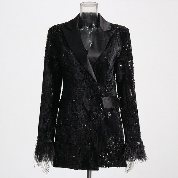 women patchwork feathers cuff solid blazers sequins set female long sleeve tailored collar black blazer girls fashion suit, White;black
women patchwork feathers cuff solid blazers sequins set female long sleeve tailored collar black blazer girls fashion suit, White;black