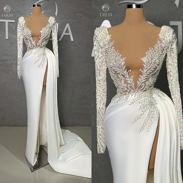 elegant mermaid split wedding dresses long sleeve beaded bridal gown sheer v neck vestidos de novia, White
elegant mermaid split wedding dresses long sleeve beaded bridal gown sheer v neck vestidos de novia, White