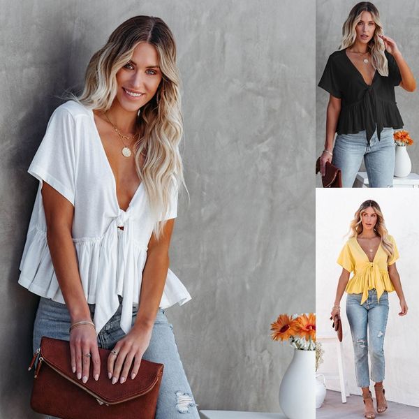 women's t-shirt short-sleeved v-neck shirt pleated hem front lace-up crop lightweight basic summer top, White
women's t-shirt short-sleeved v-neck shirt pleated hem front lace-up crop lightweight basic summer top, White