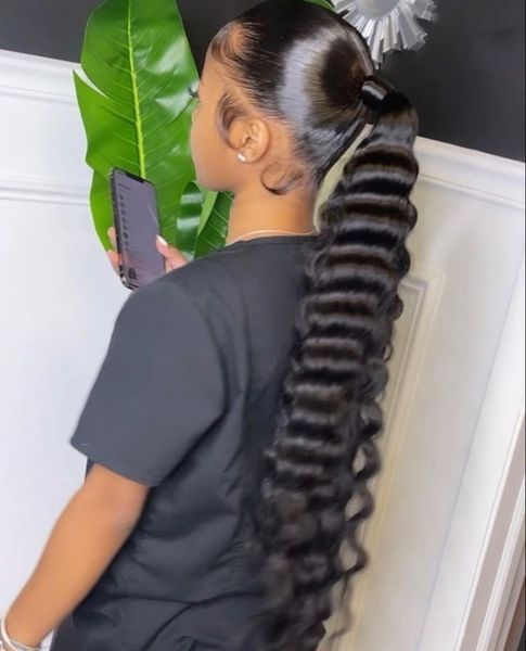 elegant curly wraps around ponytail hairstyle deep wave drawstring ponytail hairpiece 100g-160g clip in brazilian hair ponytail extension 1b, Black
elegant curly wraps around ponytail hairstyle deep wave drawstring ponytail hairpiece 100g-160g clip in brazilian hair ponytail extension 1b, Black