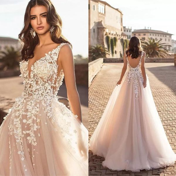 graceful v neck beach wedding dress backless 3d floral bridal gowns appliqued lace tulle vestido de novia plus size, White
graceful v neck beach wedding dress backless 3d floral bridal gowns appliqued lace tulle vestido de novia plus size, White