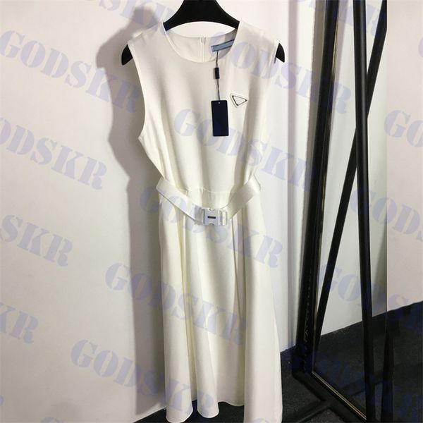 womens tanks dress with triangle badge belt design dresses charm long skirts two colors, White
womens tanks dress with triangle badge belt design dresses charm long skirts two colors, White