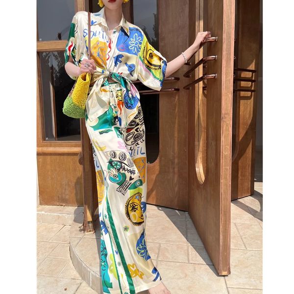 women temperament elegant print pattern loose comfortable silk shirt or elastic waist wide leg pants set, White
women temperament elegant print pattern loose comfortable silk shirt or elastic waist wide leg pants set, White