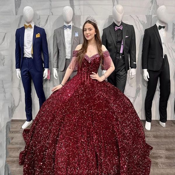 wine red quinceanera dresses 2023 sparkly gillter sequins beaded lace-up corset princess vestidos de 15 anos, Blue;red
wine red quinceanera dresses 2023 sparkly gillter sequins beaded lace-up corset princess vestidos de 15 anos, Blue;red