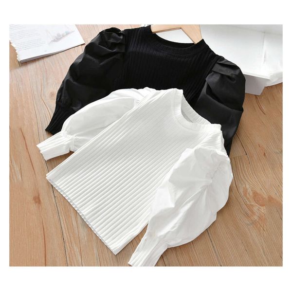 

Girls' Bubble Sleeves Spring Fashion New Children's Middle and Small School Children's Foreign Style Long Sleeve T-shirt Korean Edition Outwear Knitwear Trend, White