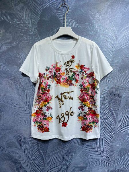 women's t-shirt printed short sleeve t-shirt french fashion beaded loose pullover versatile, White
women's t-shirt printed short sleeve t-shirt french fashion beaded loose pullover versatile, White
