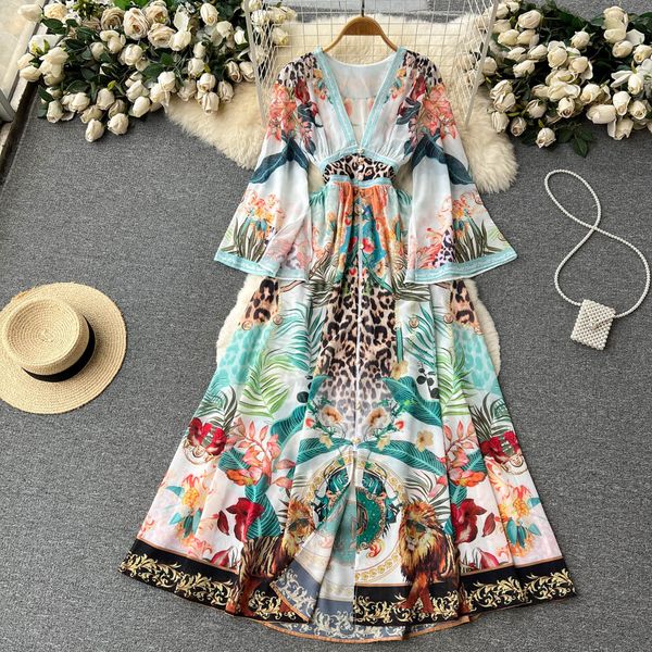 2023 casual dresses deep v-neck flare sleeve bohomain long dress women clothing runway vintage print single breasted maxi vestidos, Black;gray
2023 casual dresses deep v-neck flare sleeve bohomain long dress women clothing runway vintage print single breasted maxi vestidos, Black;gray