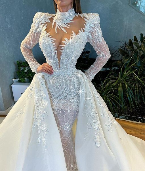 luxury mermaid wedding dresses long sleeves v neck halter beaded sequins appliques pearls detachable train beaded bridal gowns plus size ves, White
luxury mermaid wedding dresses long sleeves v neck halter beaded sequins appliques pearls detachable train beaded bridal gowns plus size ves, White